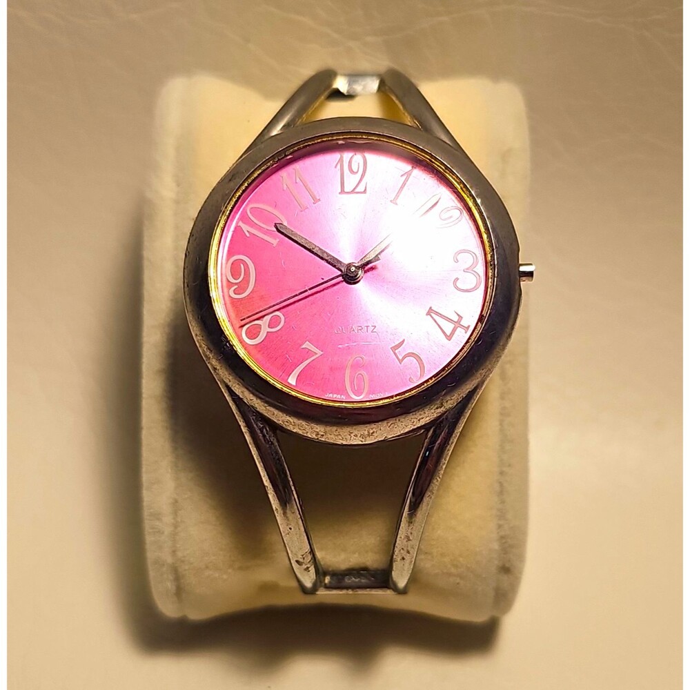 Women's Quartz Bangle Wristwatch Pink Dial Arabic Numerals Silver Tone